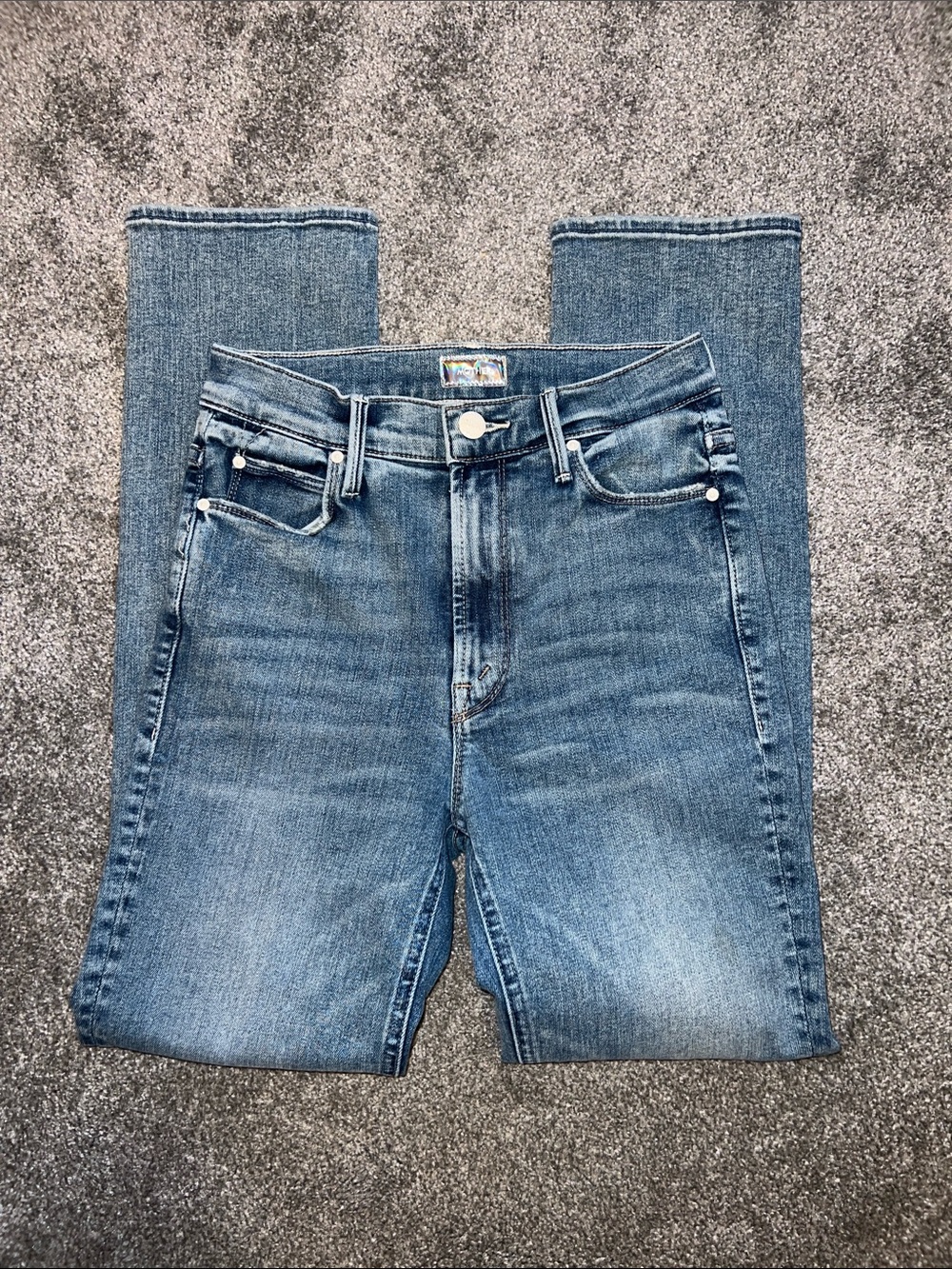 MOTHER Women Straight Leg Jeans in Blue with Dark Blue Heart Patch - Picture 3 of 7